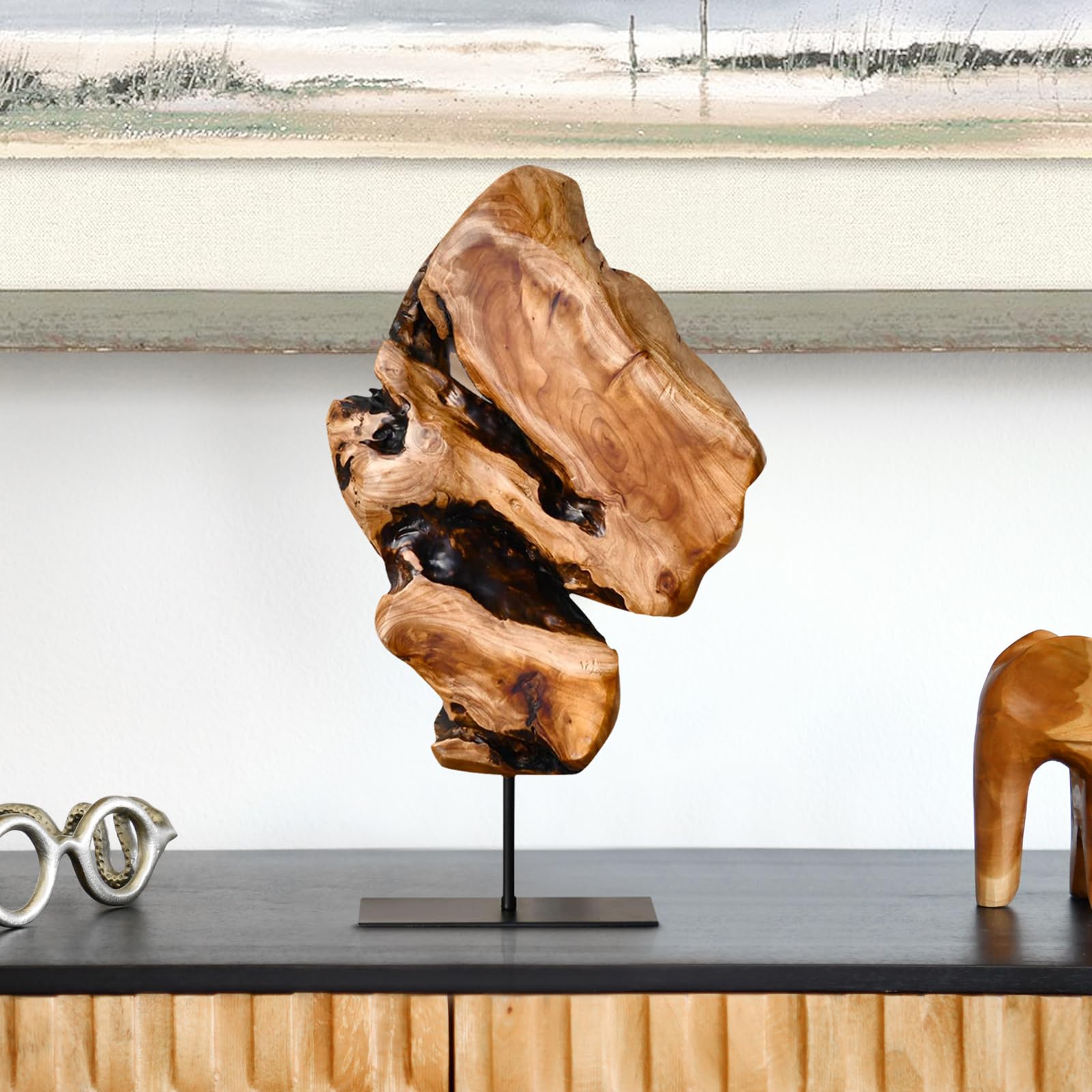 WELLAND reclaimed cedar stump statue adds handmade character to home office.