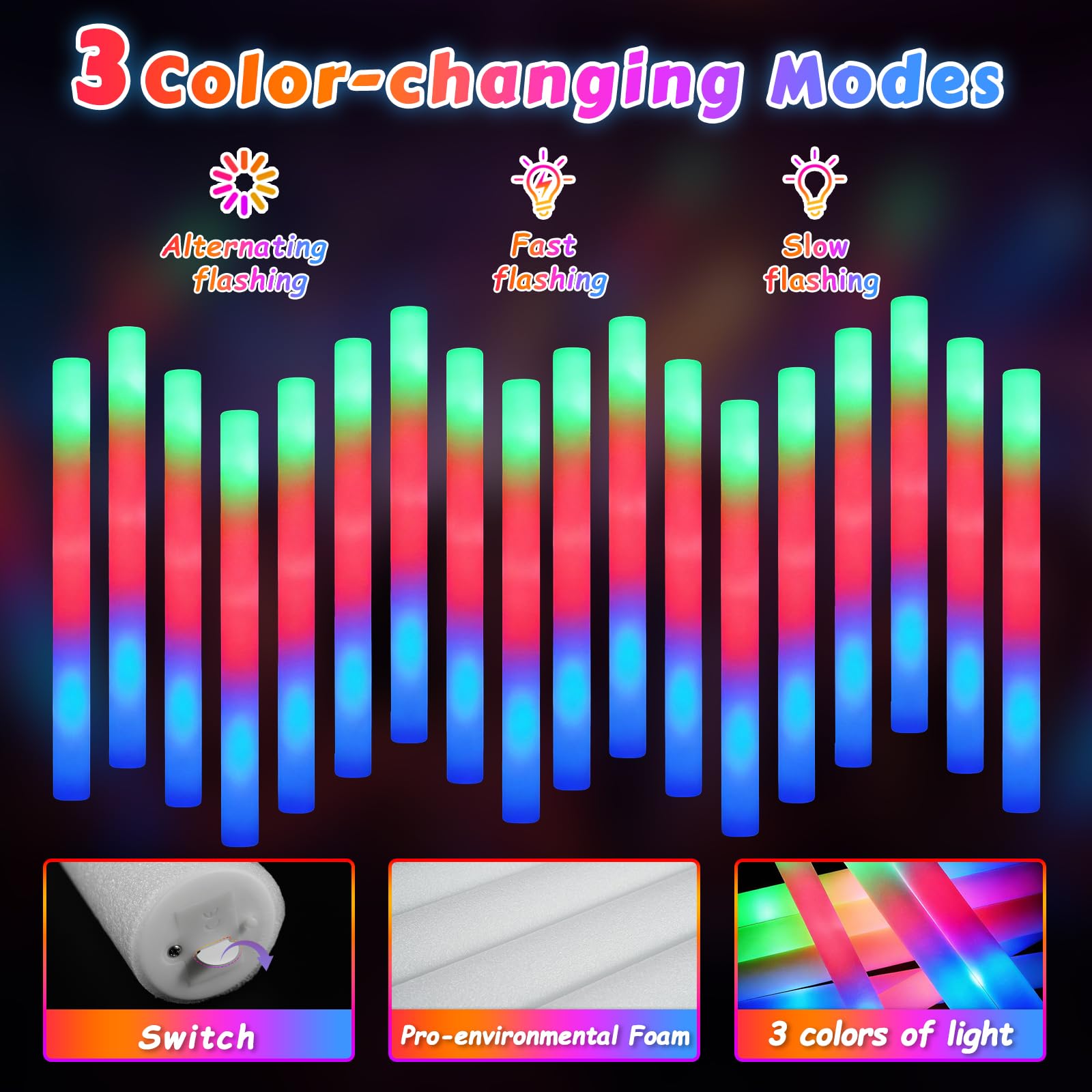 wellent foam glow sticks in slow flash mode for subtle ambience