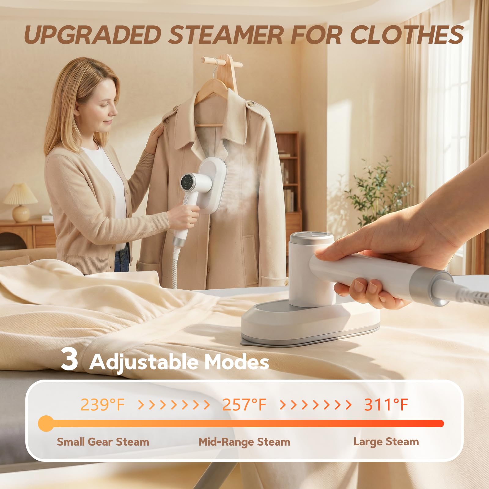 WellMall steamer in dry and steam mode demonstrating versatile fabric care
