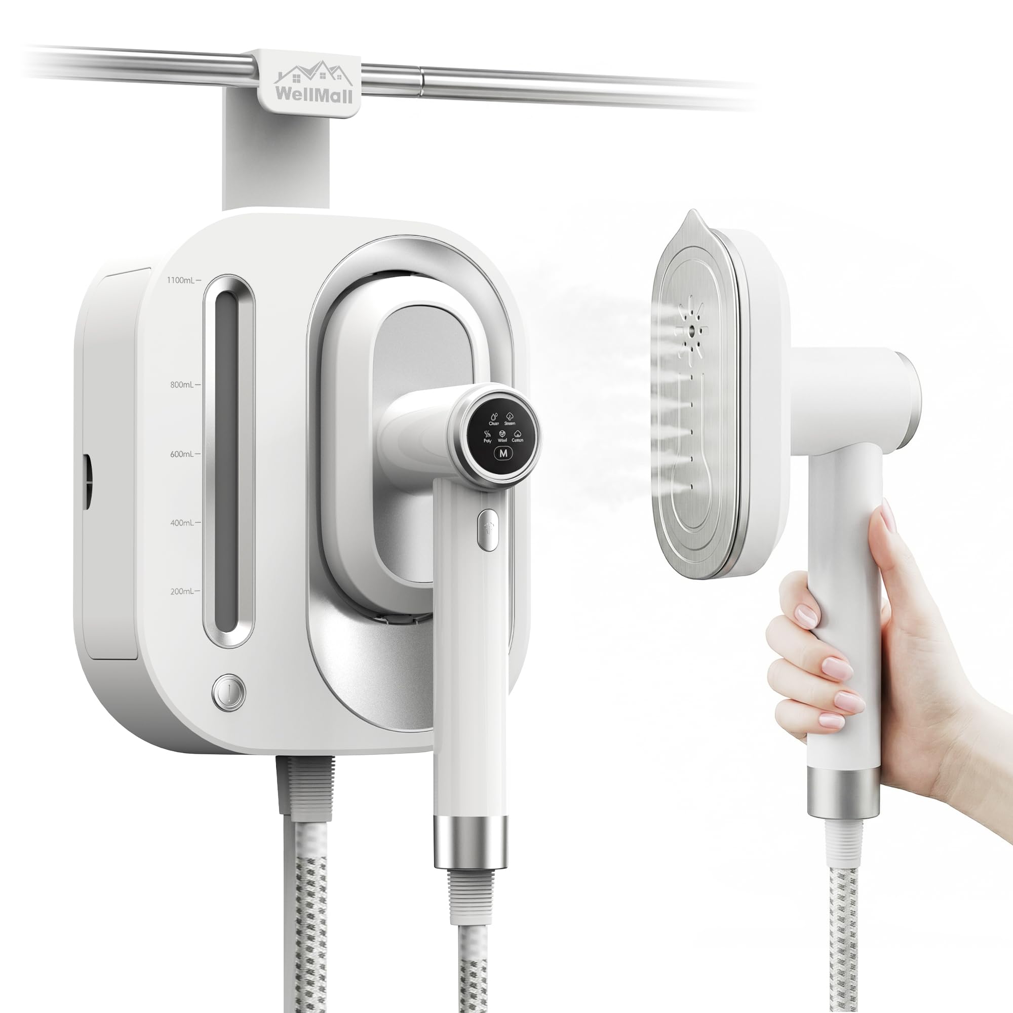 WellMall 2-in-1 steamer front view showing compact design and ready-to-use stance for quick wrinkles removal