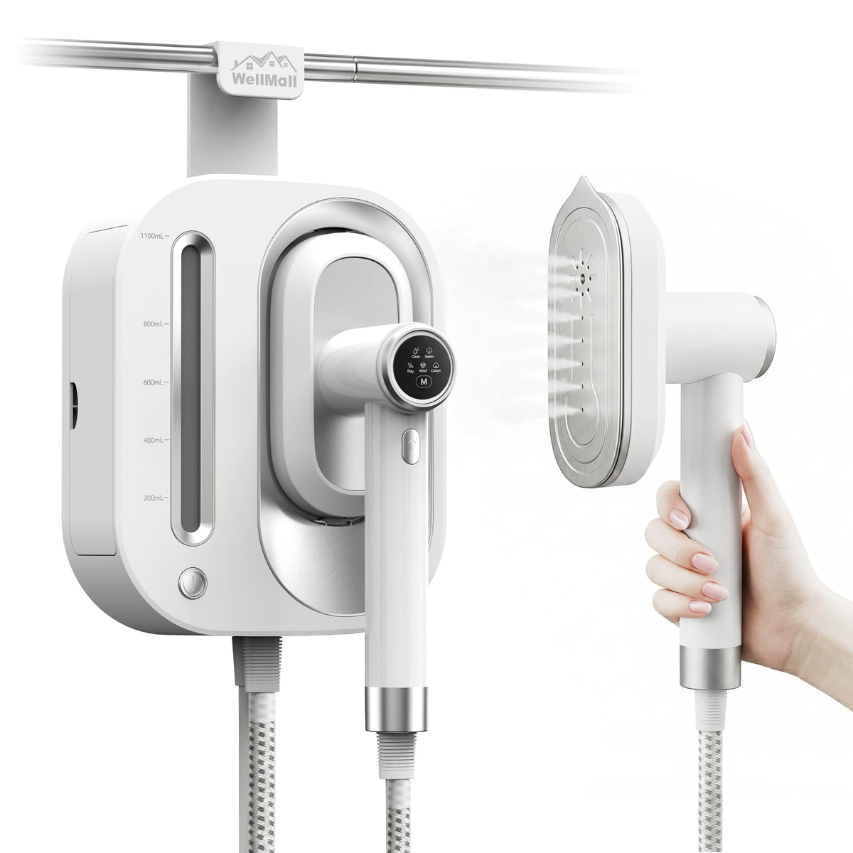 WellMall 2-in-1 steamer front view showing compact design and ready-to-use stance for quick wrinkles removal
