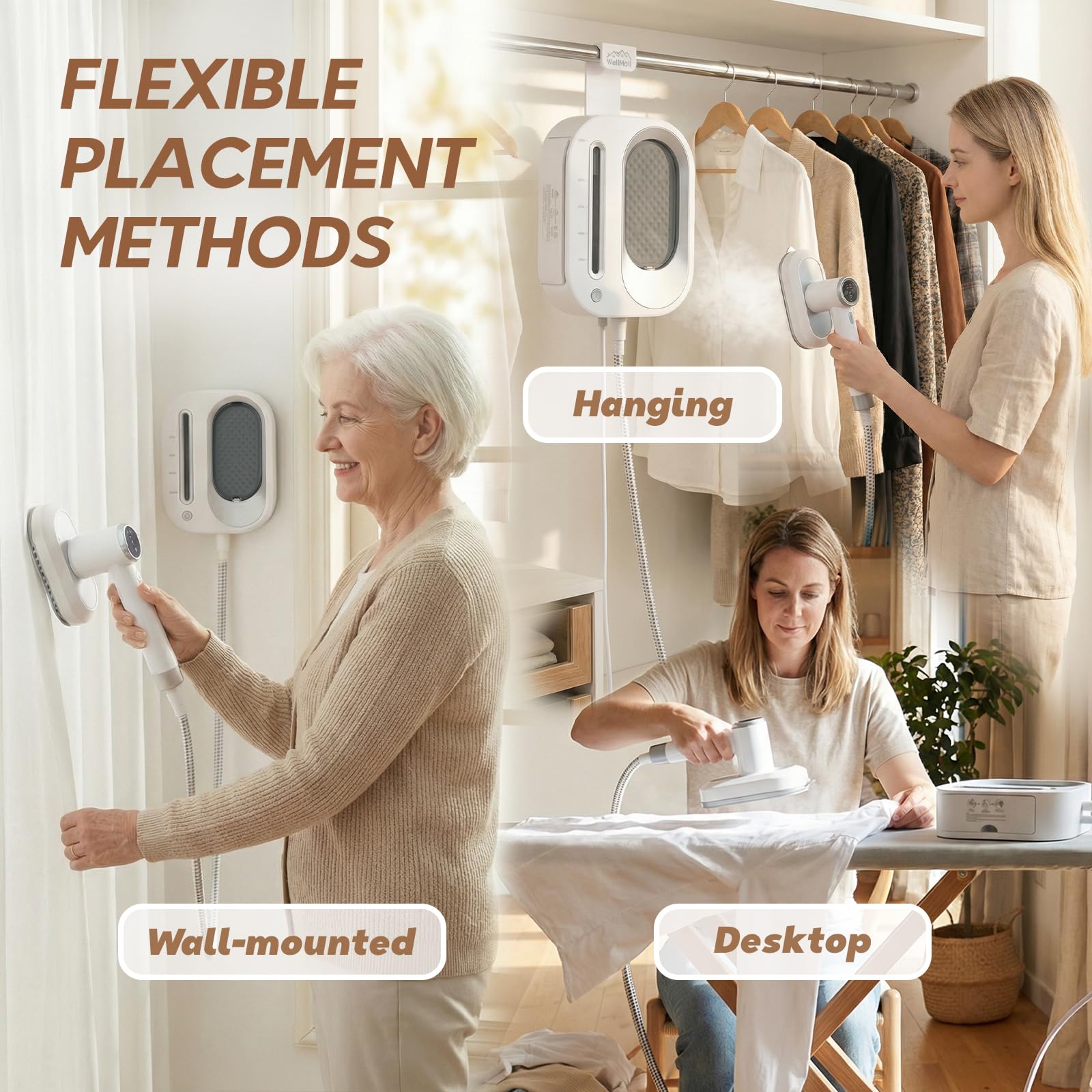 WellMall steamer with included hanger for convenient storage