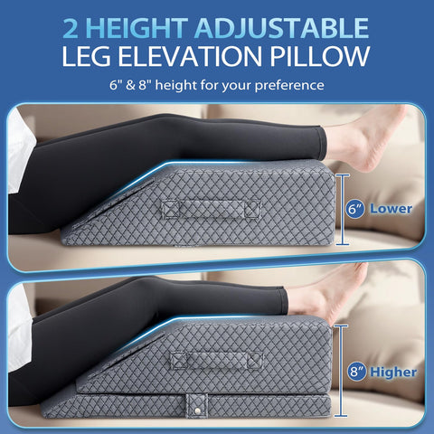 Wellsin 2-height adjustable wedge leg pillow on bed enables ergonomic leg support.