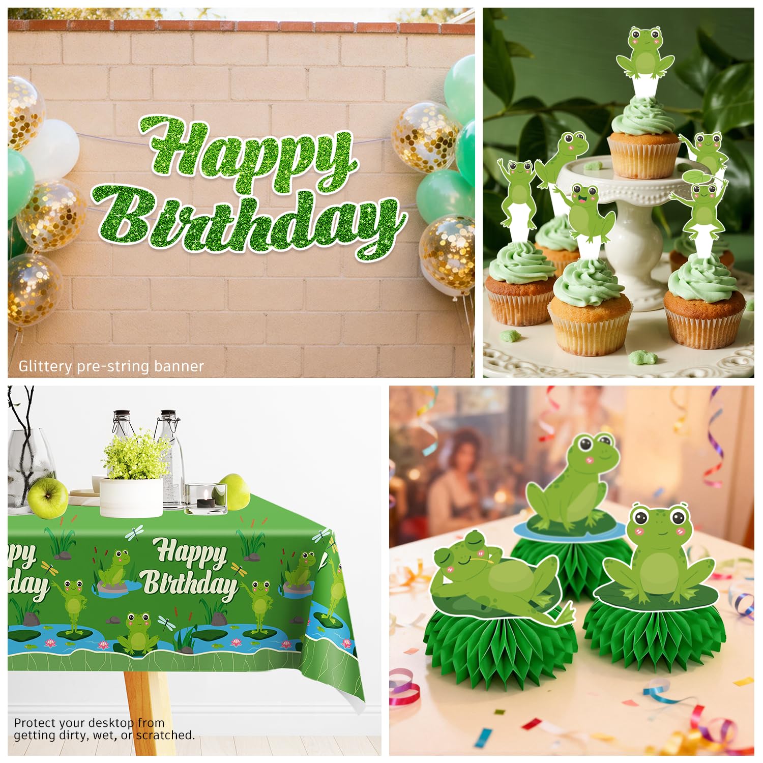 Wellspar frog balloons brighten the party with green, glossy accents