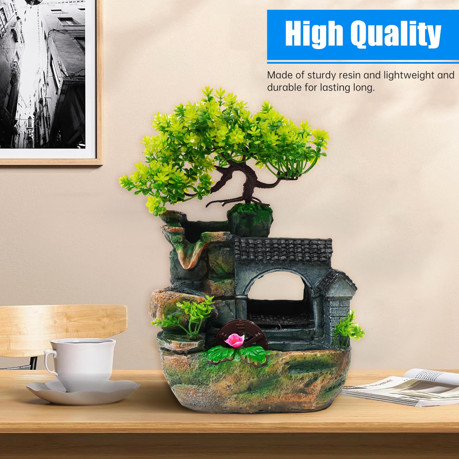 WEMAKMAK fountain with faux bonsai and LED lighting enhances relaxation and decor.