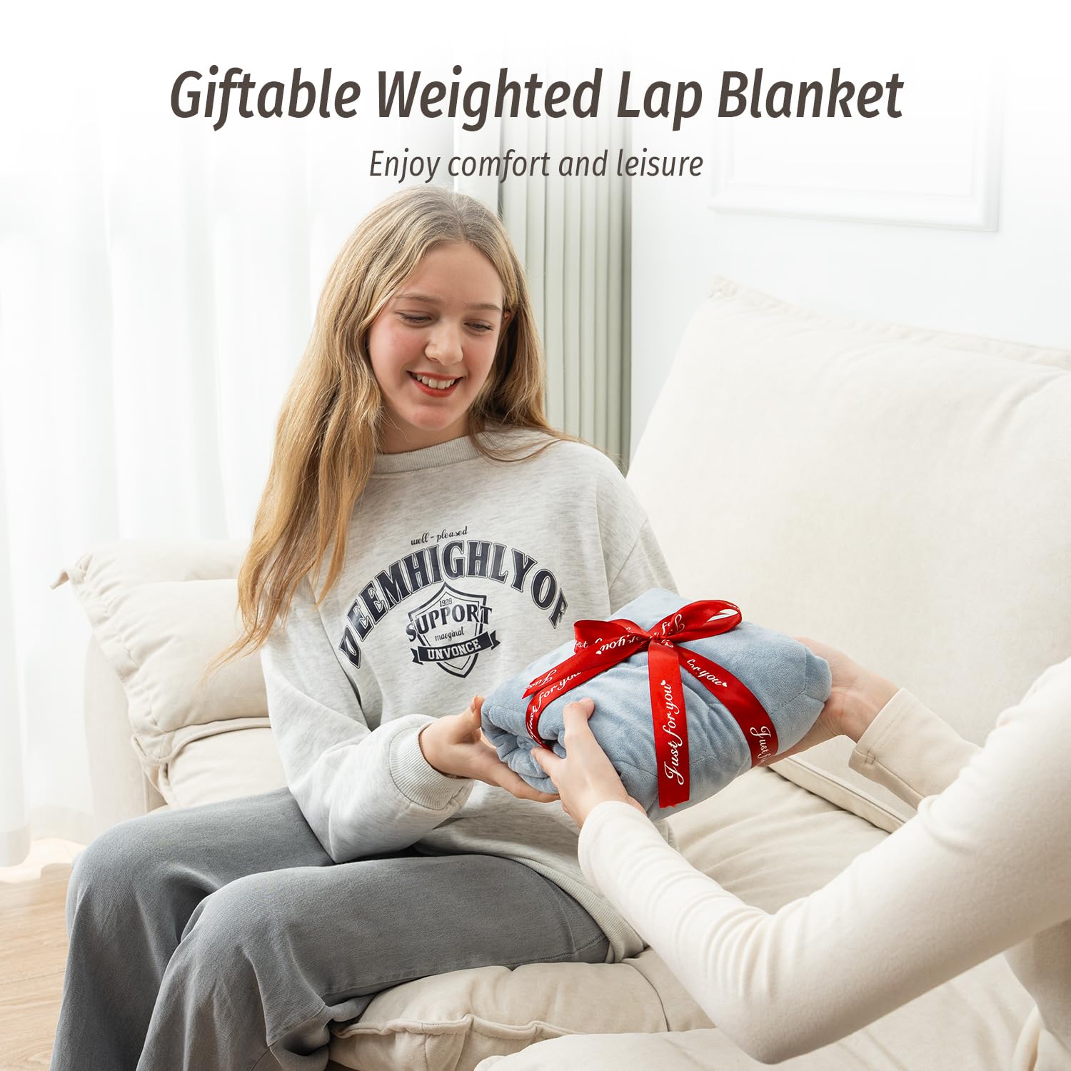 Wemore weighted lap blanket care label showing machine wash instructions