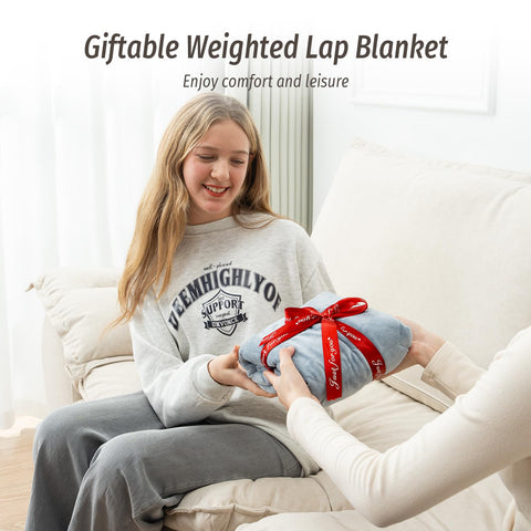 Wemore weighted lap blanket care label showing machine wash instructions