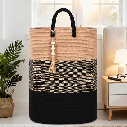WENMER basket adds boho charm to living spaces and laundry rooms.