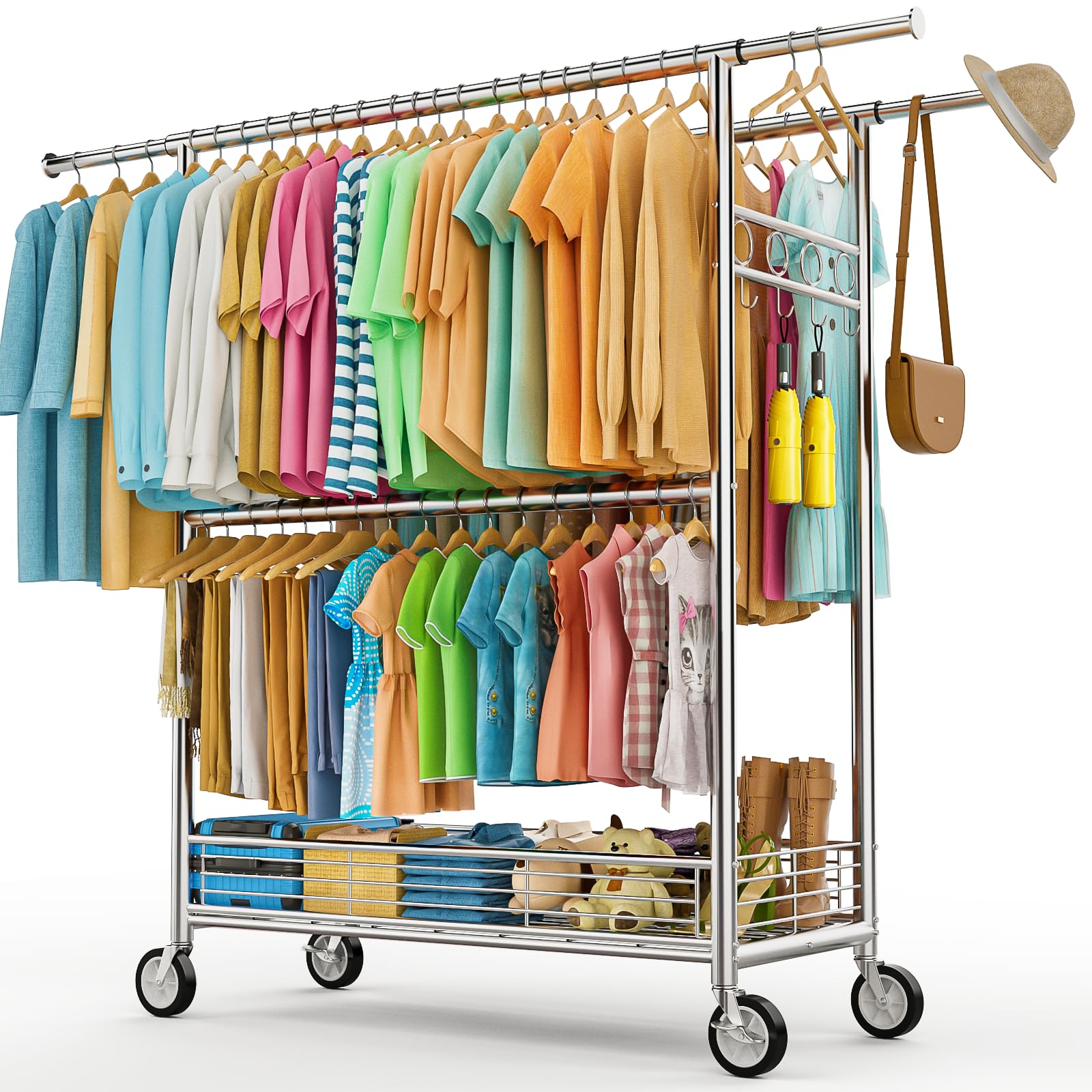 Wennop heavy-duty rack with 960lbs capacity supports heavy garments and bulk storage.