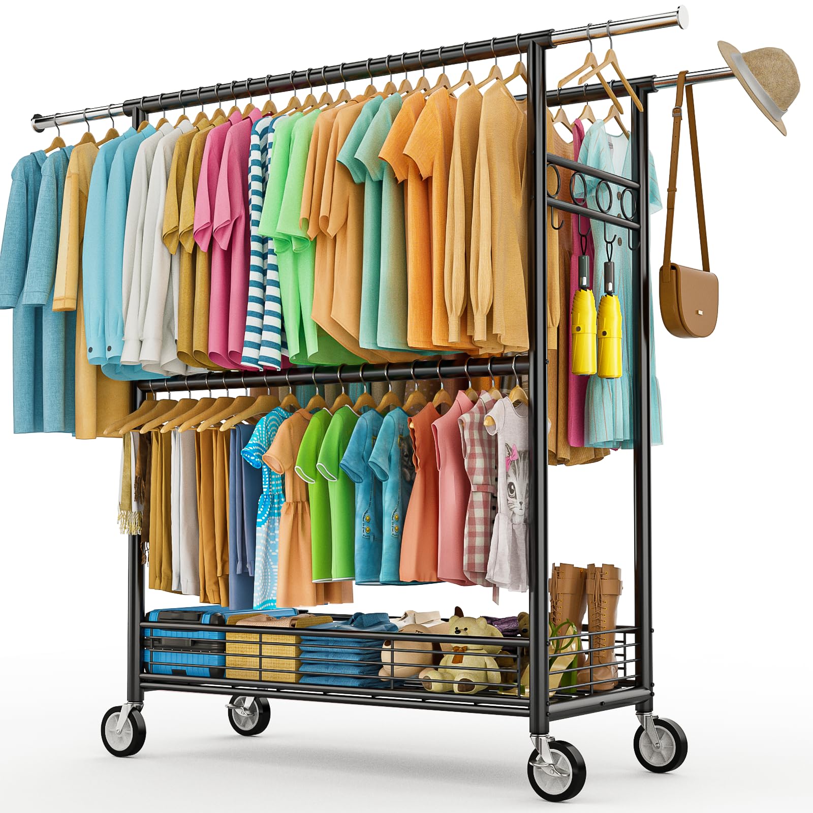 Wennop heavy-duty clothes rack shows 960 lbs capacity for durable storage