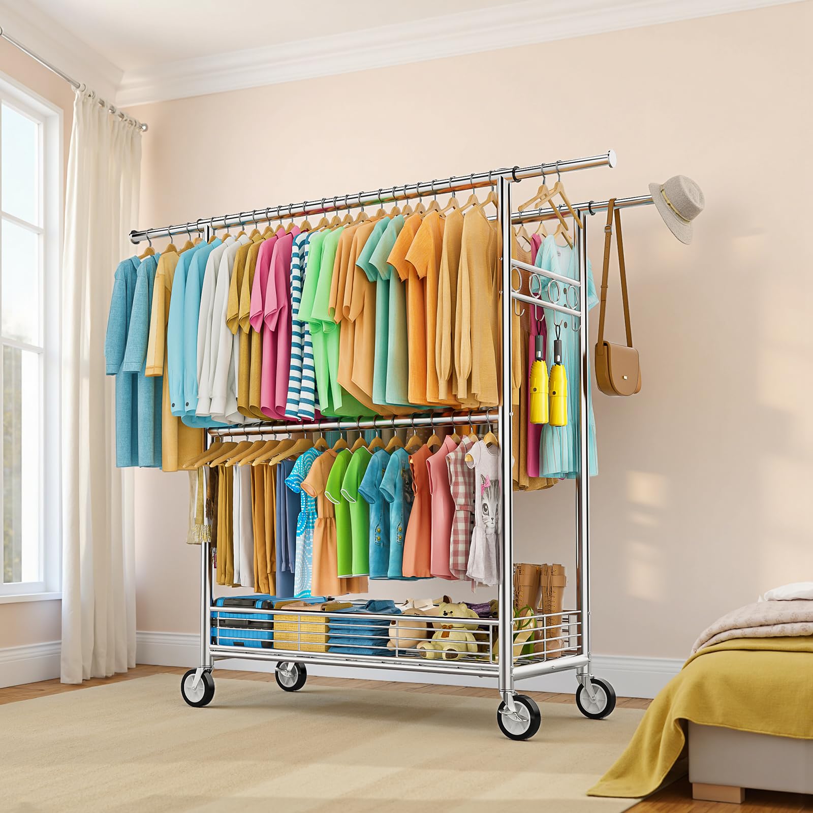 Wennop silver commercial garment rack suitable for studios and shops.