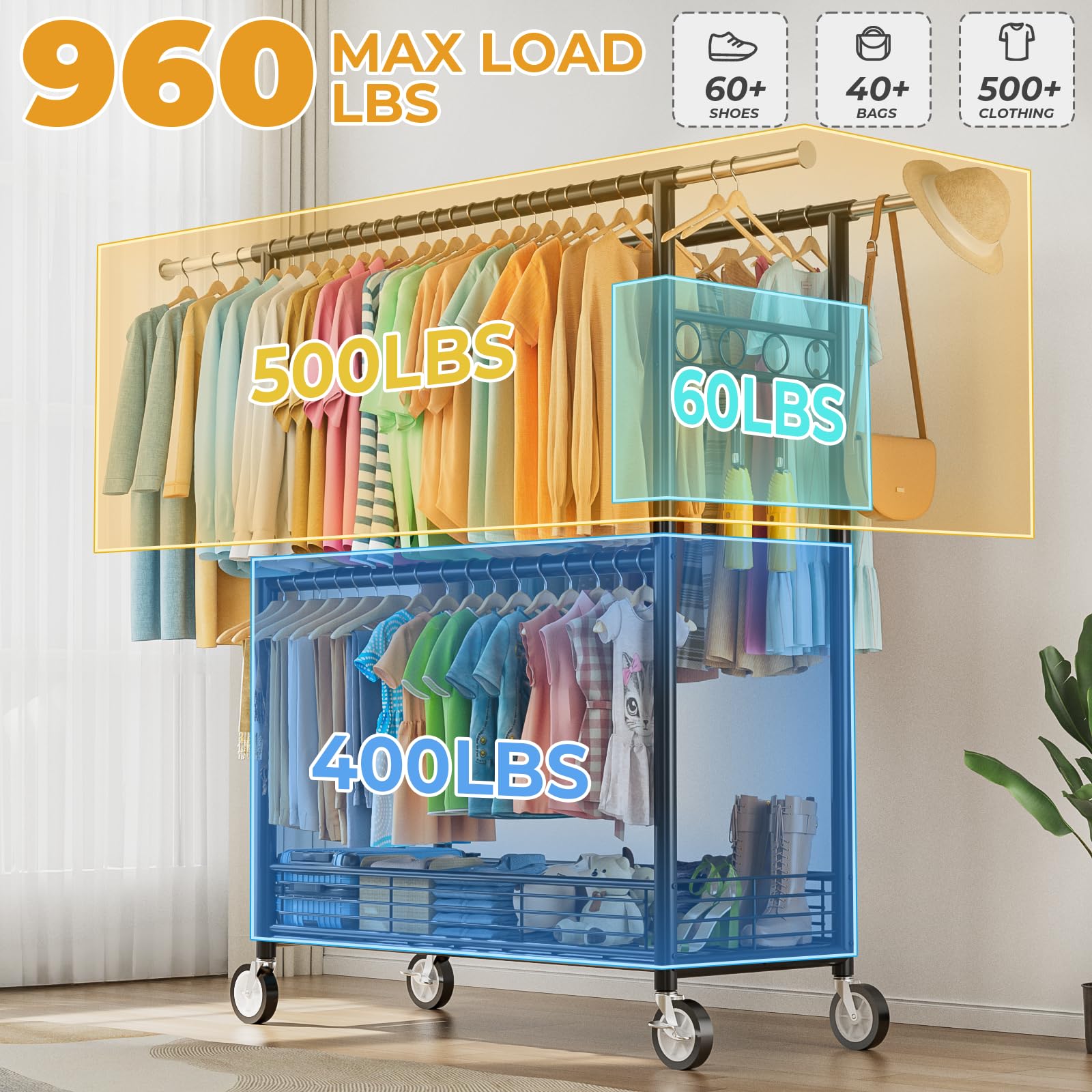 Wennop three-bar storage system with eight hooks organizes clothing efficiently