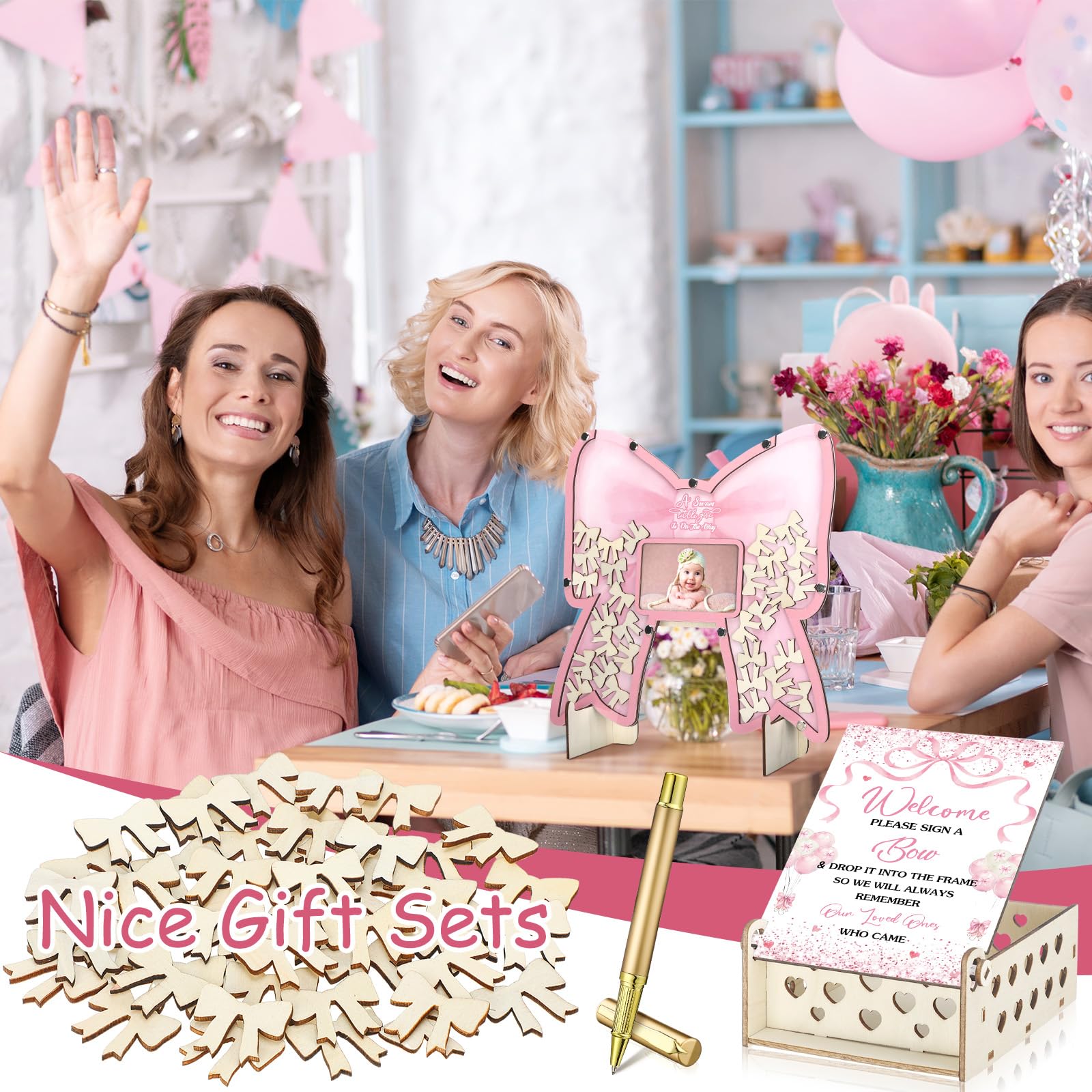 Wenqik baby shower table decor setup with cohesive pink bow theme