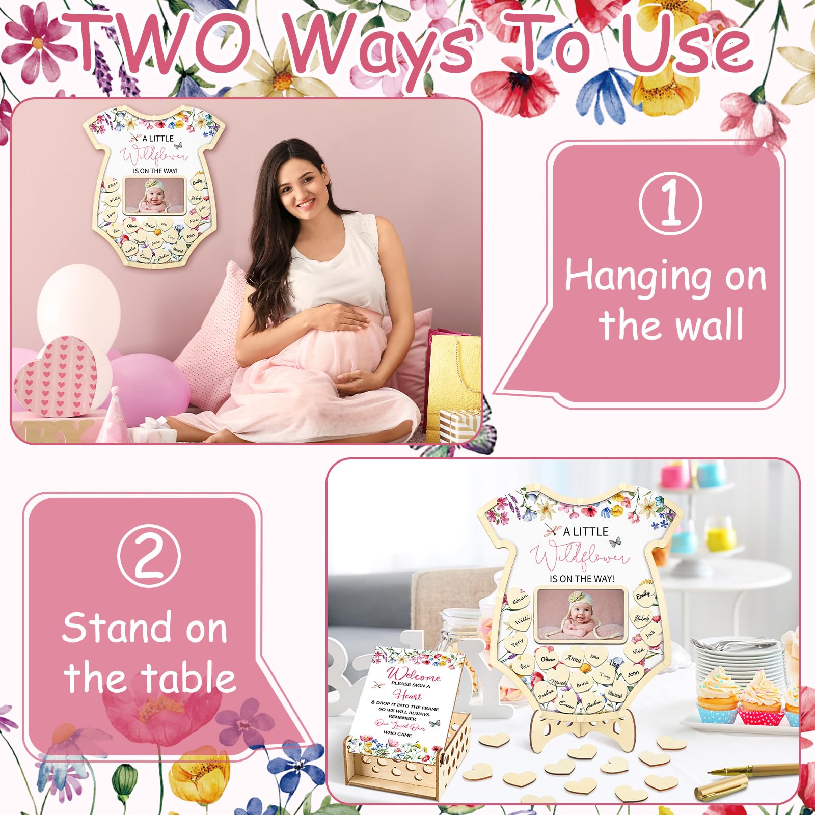 Wenqik baby shower table setup featuring floral frame and slices