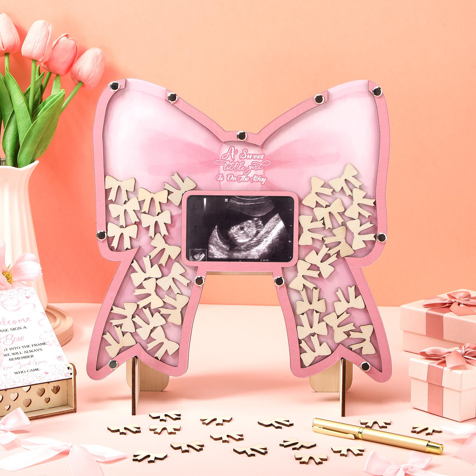 Wenqik pink bow wooden box for safekeeping 60 slices