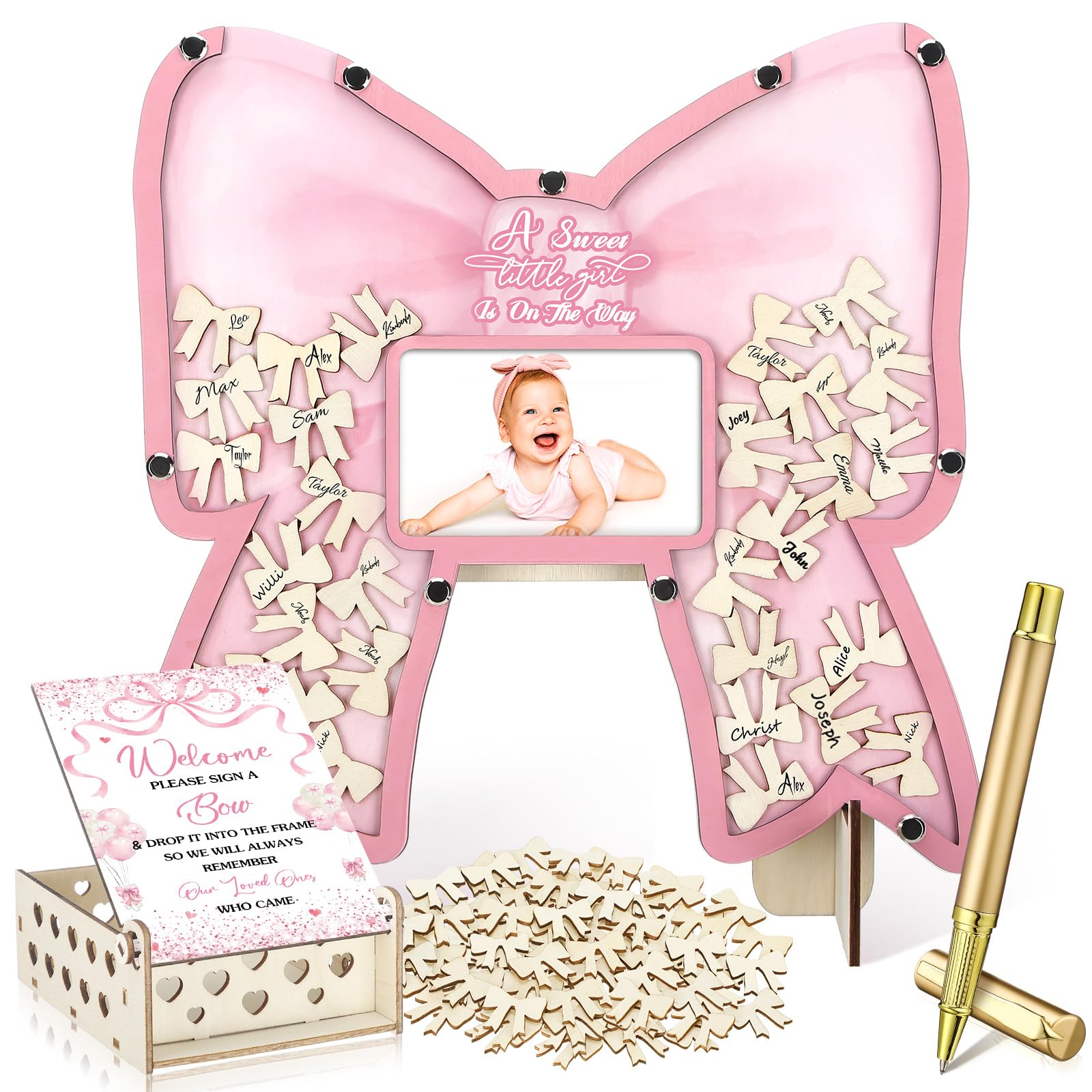 Wenqik pink bow wooden frame with stand for baby shower memories