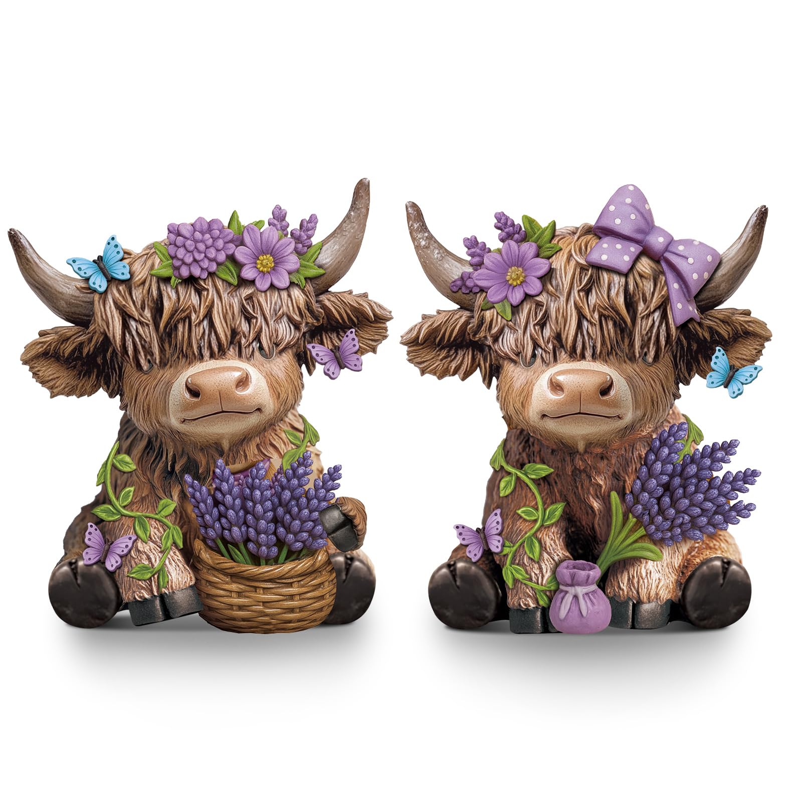 Wesiti Lavender Highland Cow figurine pair for rustic shelf display