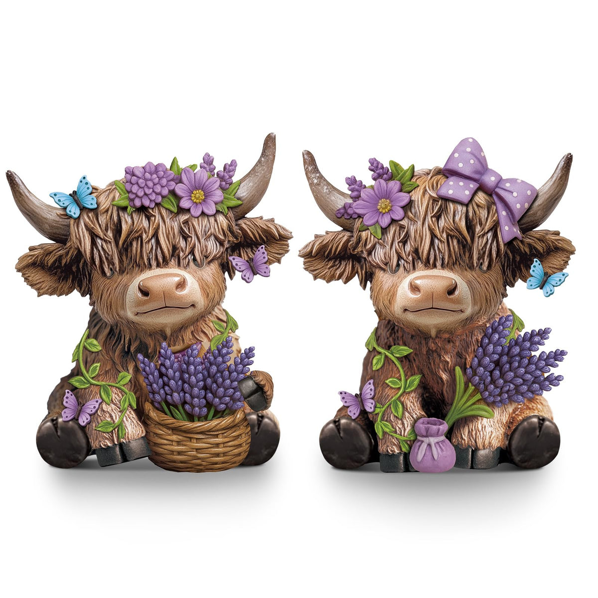 Wesiti Lavender Highland Cow figurine pair for rustic shelf display