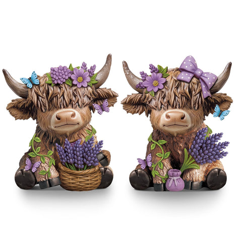 Wesiti Lavender Highland Cow figurine pair for rustic shelf display