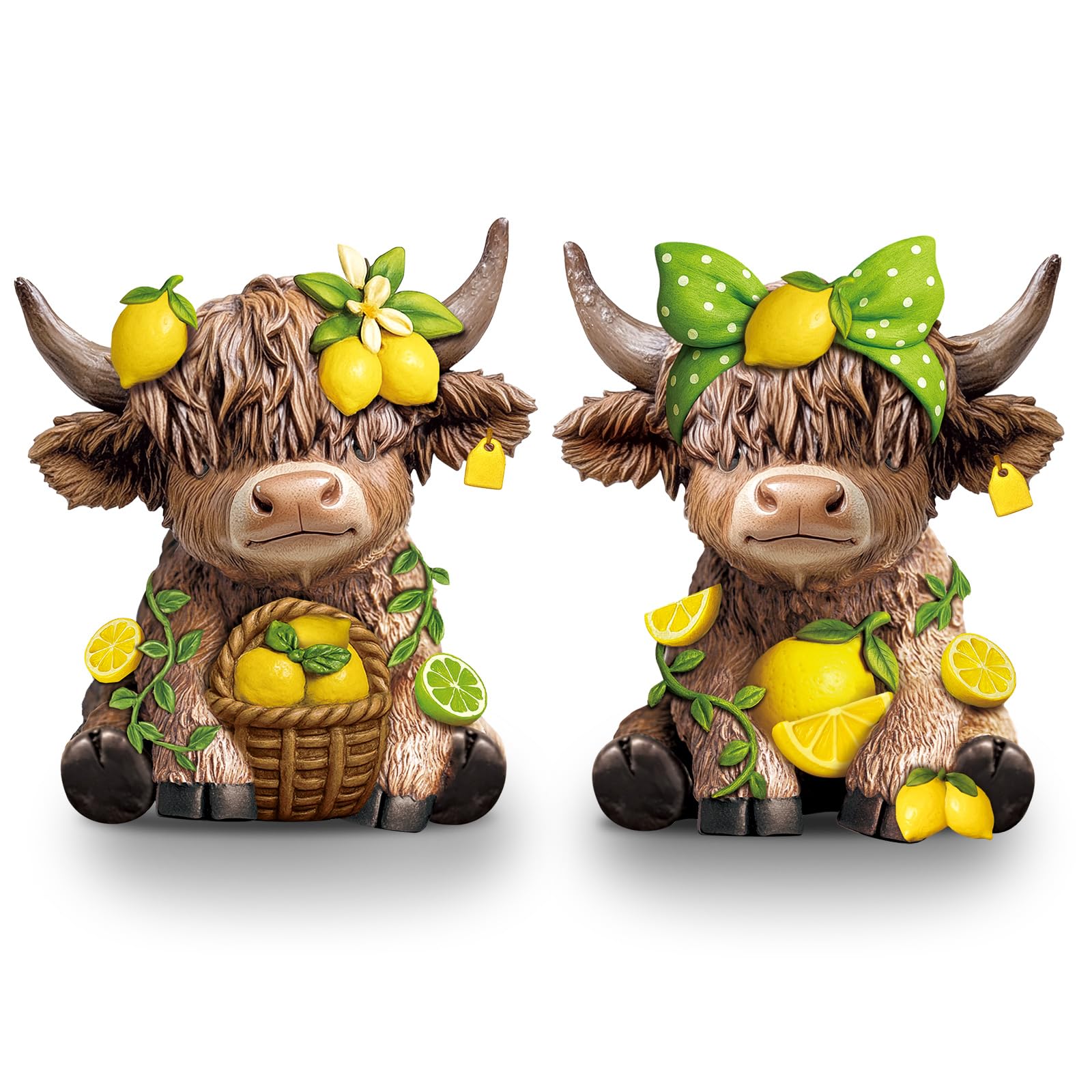 Wesiti lemon Highland cow figurine pair on display for cozy home decor