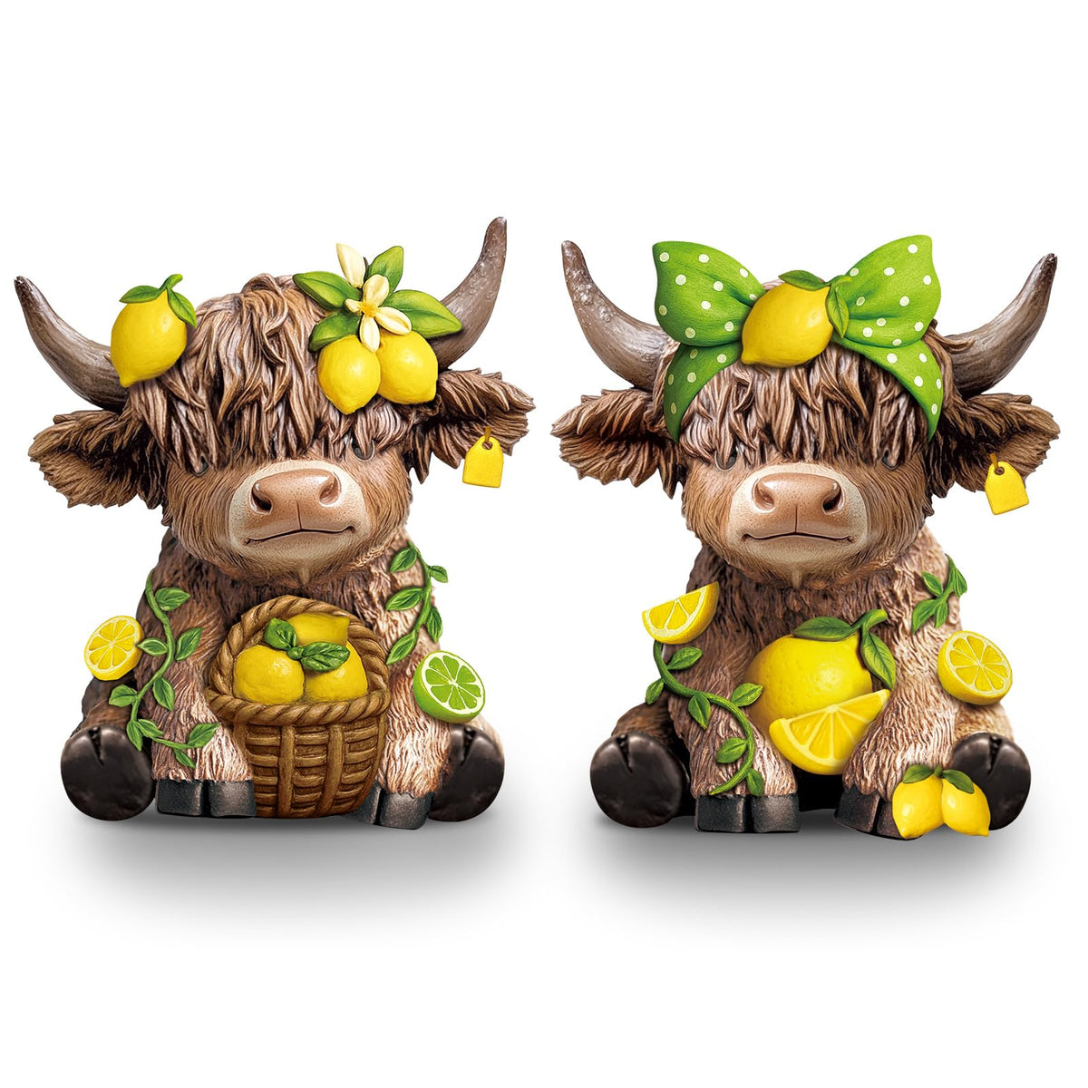 Wesiti lemon Highland cow figurine pair on display for cozy home decor