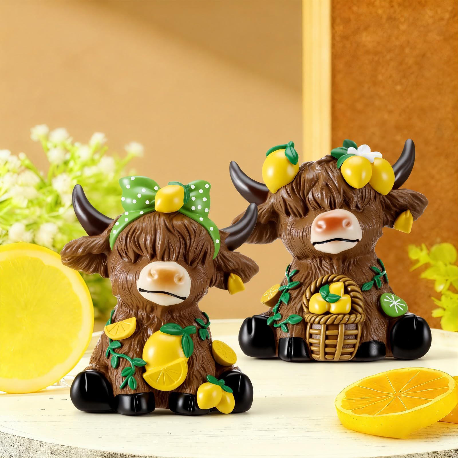 Wesiti lemon Highland cow figurine set, durable resin for long-lasting styling