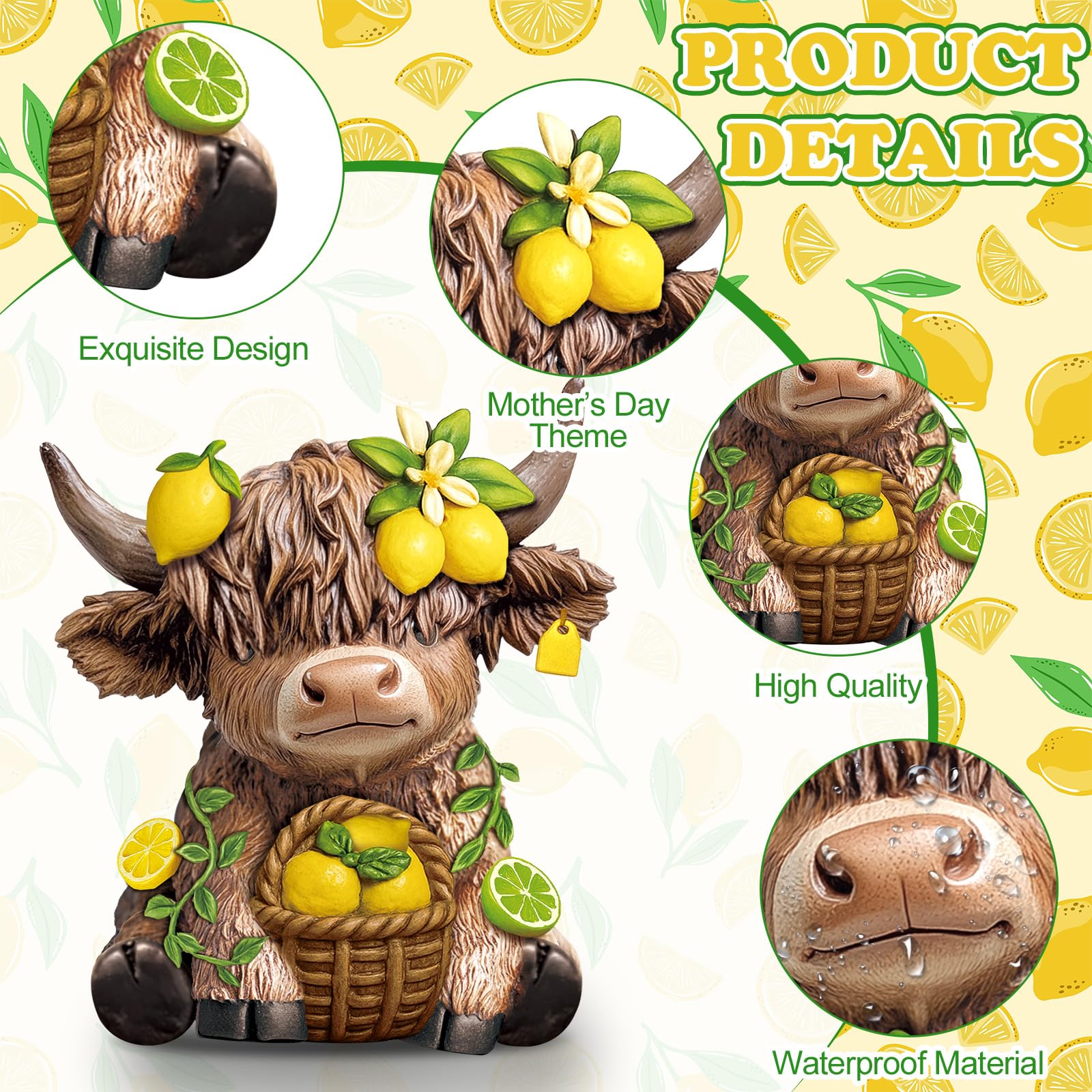 Wesiti lemon Highland cow figurine on tiered tray display