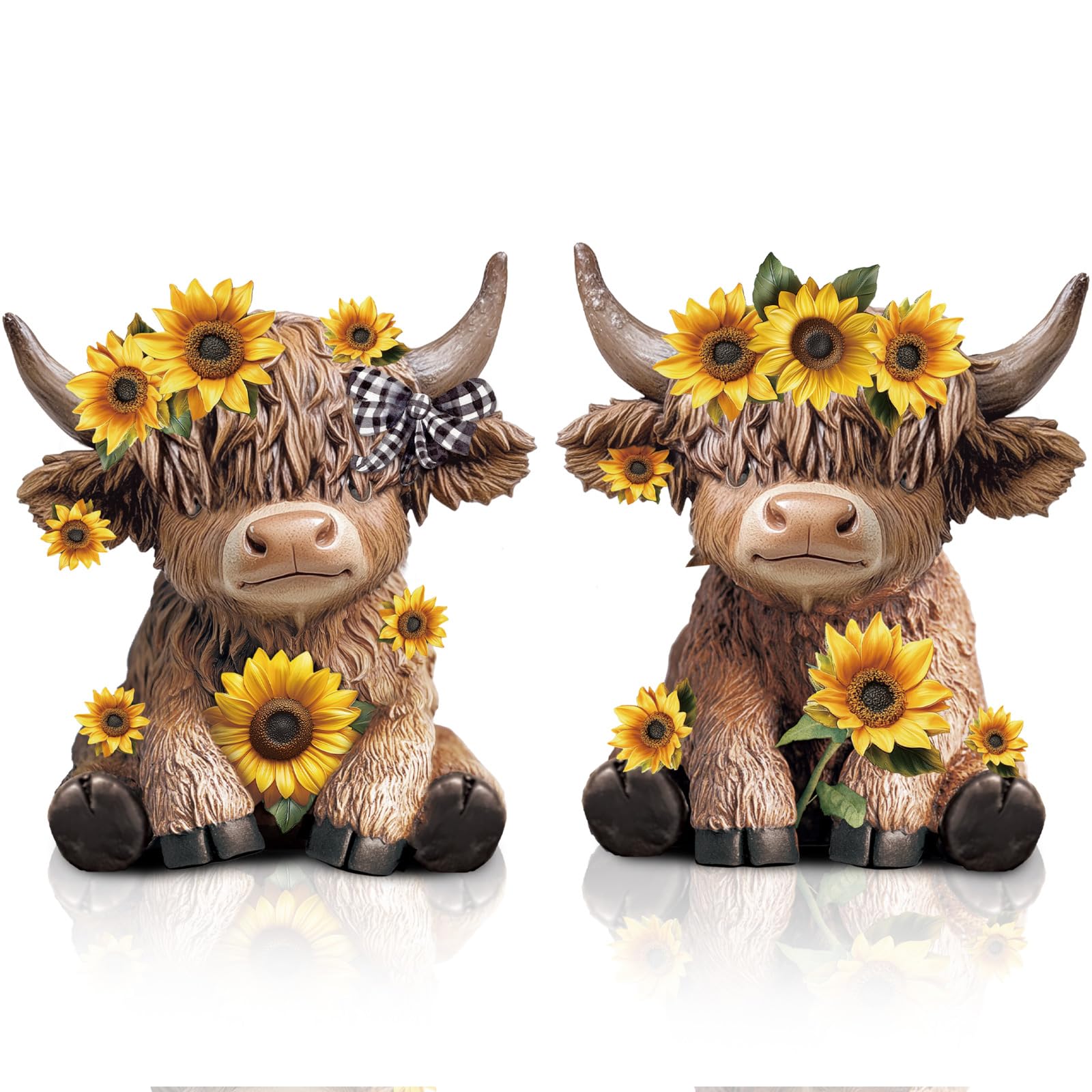 Wesiti sunflower Highland cow figurine on desk adds warm farmhouse charm.