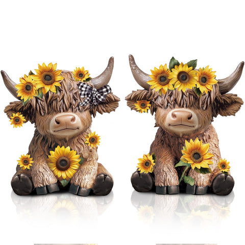 Wesiti sunflower Highland cow figurine on desk adds warm farmhouse charm.