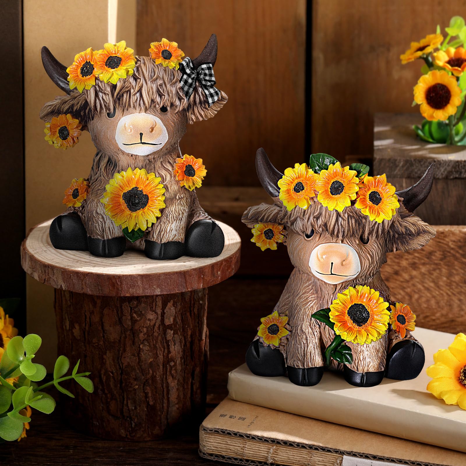 Wesiti sunflower-highland-cow-figurine-2 in garden enhances rustic outdoor appeal.