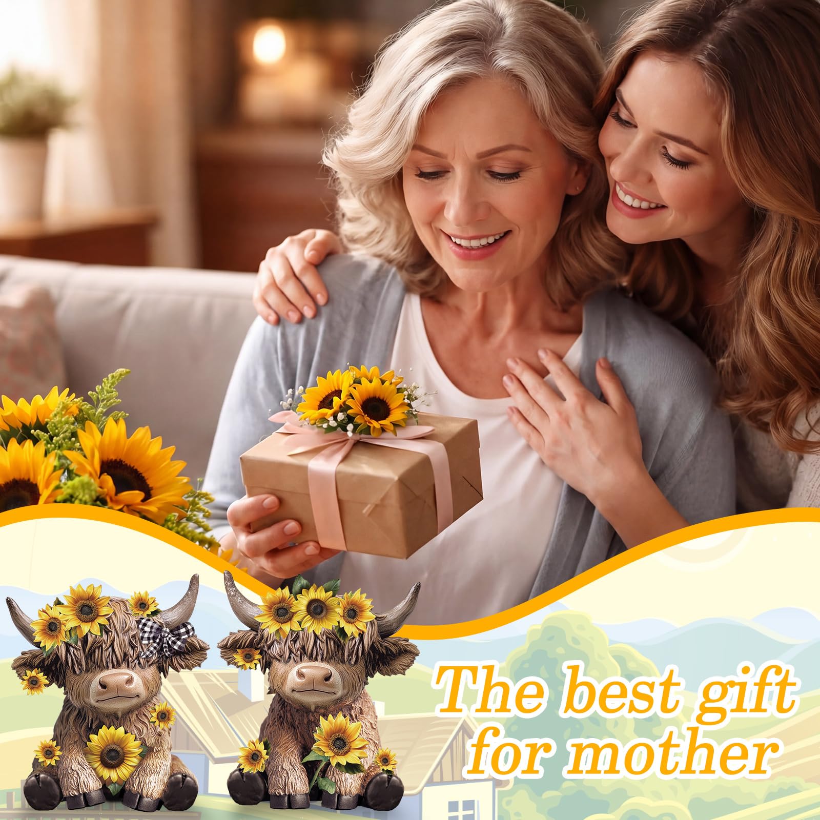 Wesiti sunflower Highland cow figurine on coffee table brightens space.