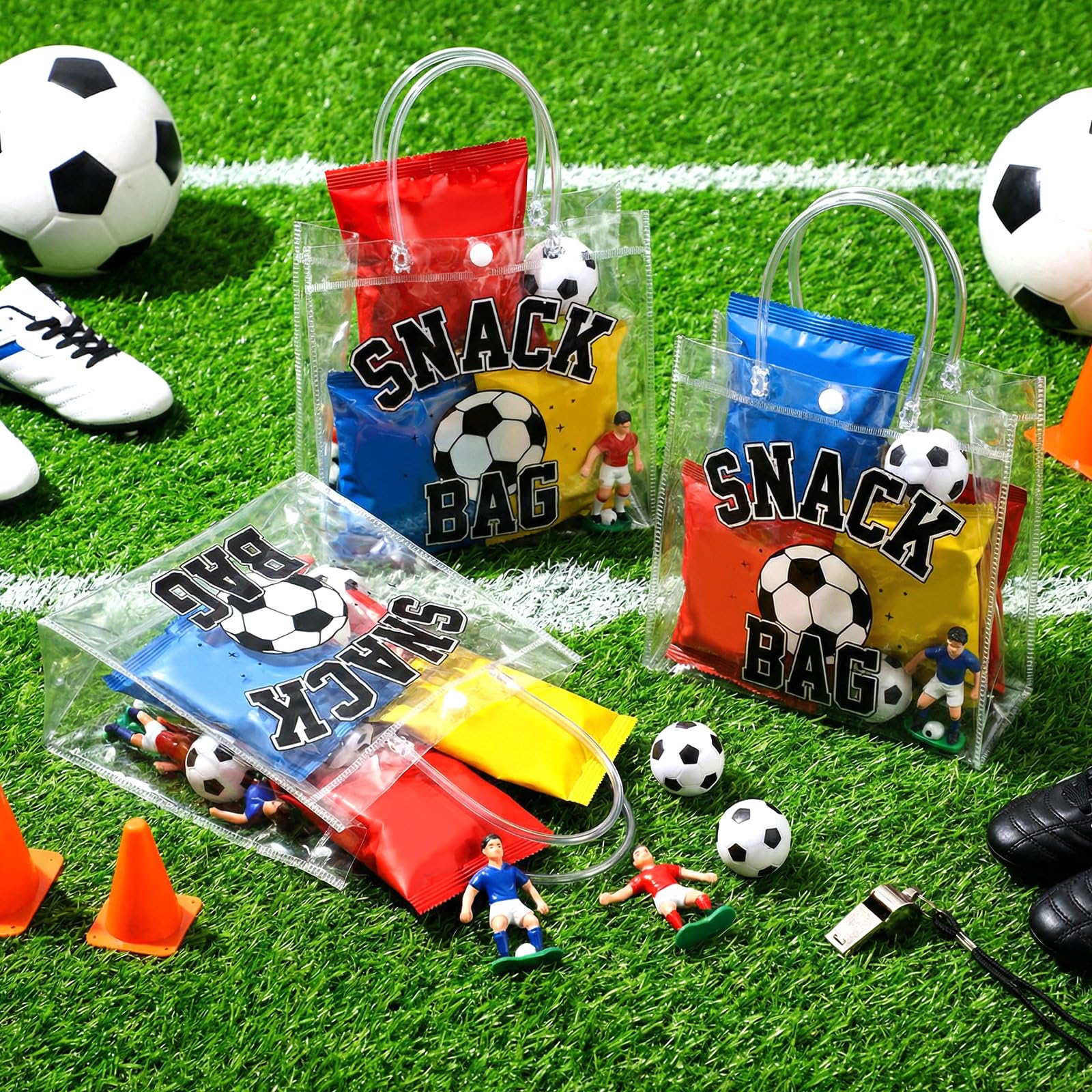 Wesnoy 8x8x3-15in soccer bags ready for treats and small favors.
