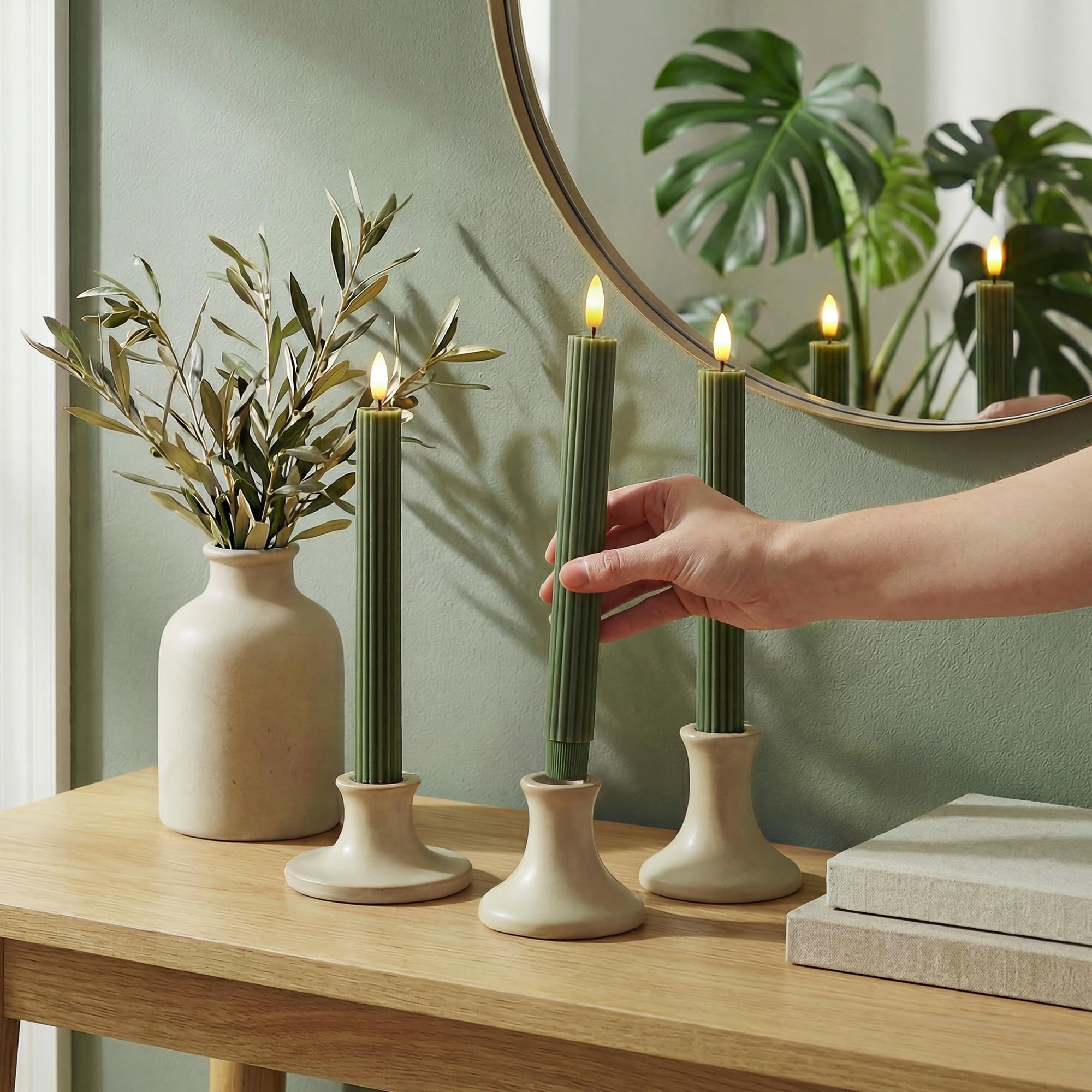 West Ivory loden-green 10-inch LED fluted ribbed taper candle close-up