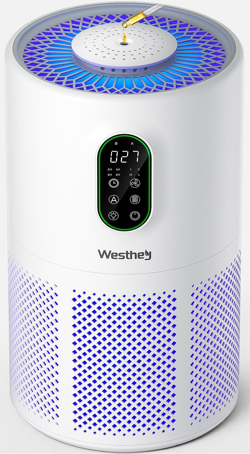 WESTHEY air purifier front view demonstrates 360° purification for a large living space