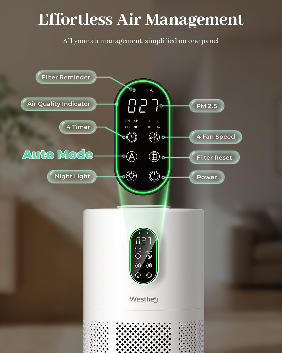 WESTHEY quiet sleep mode delivers near-silent operation for night use