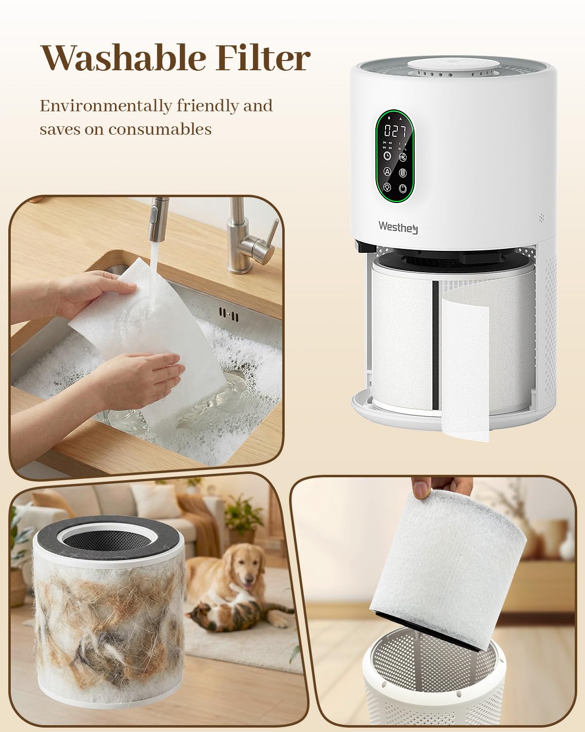 WESTHEY air purifier shows washable HEPA filter ready for reuse