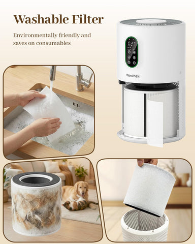 WESTHEY air purifier shows washable HEPA filter ready for reuse