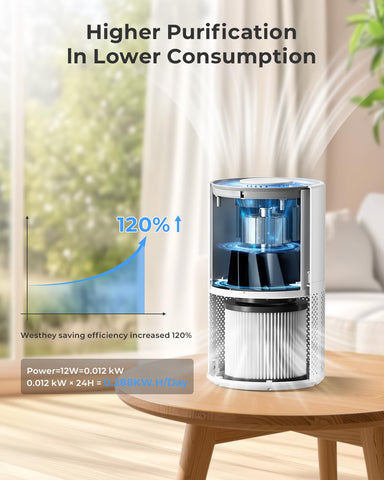 WESTHEY AP02 living room setup demonstrates effective air cleansing