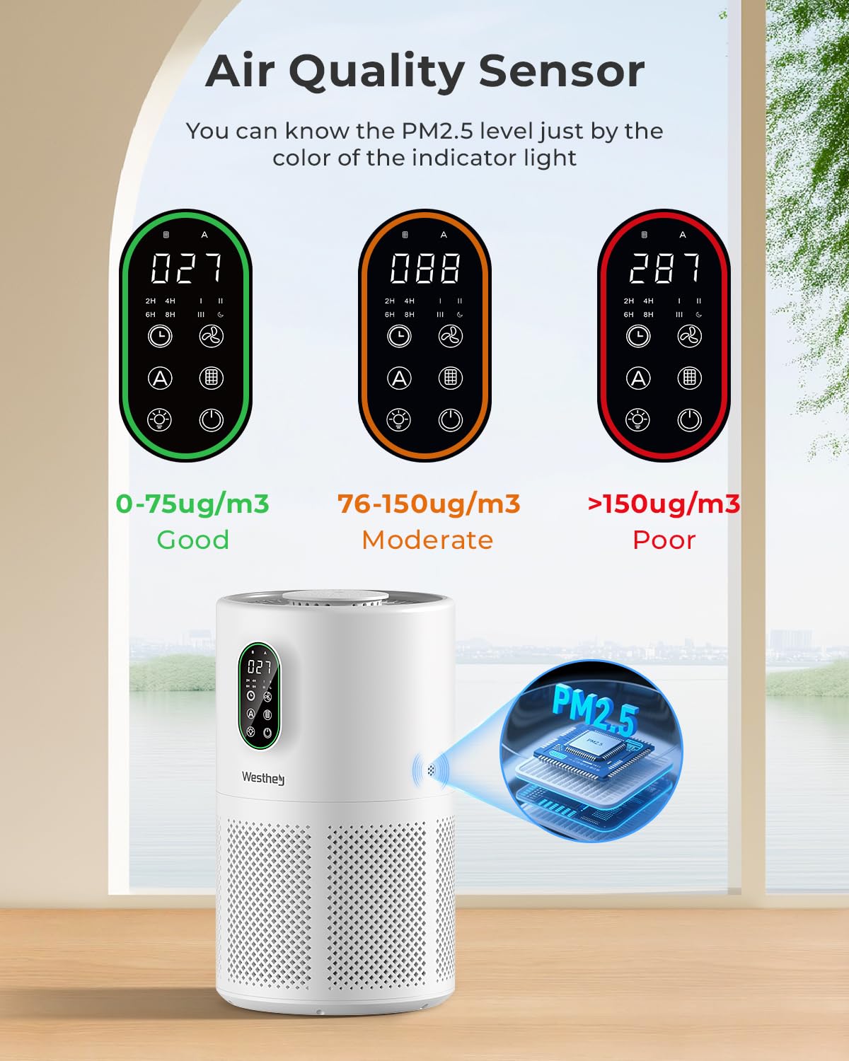 WESTHEY AP02 PM2.5 display shows real-time air quality status