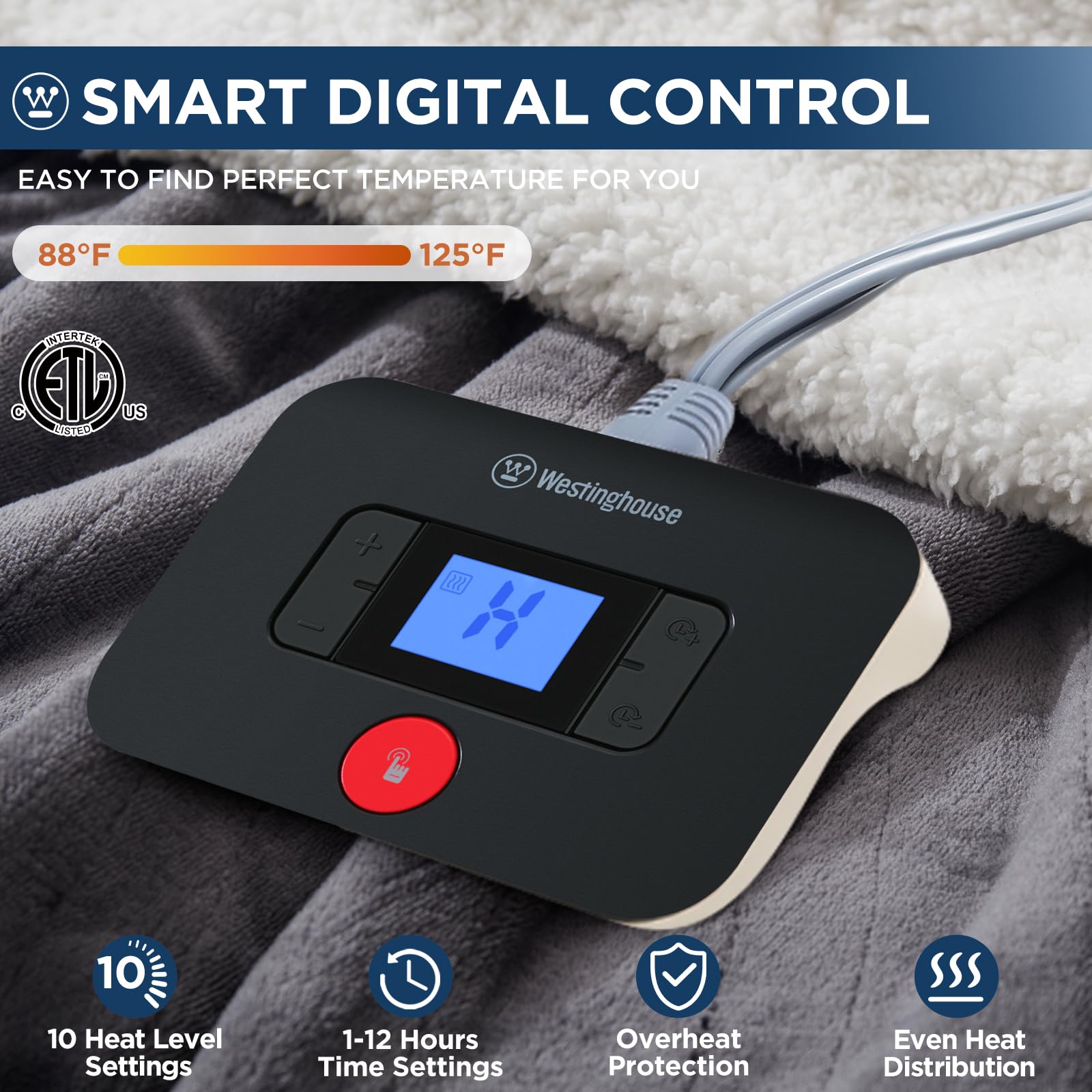 Westinghouse electric blanket controller enables precise heat and timer control.