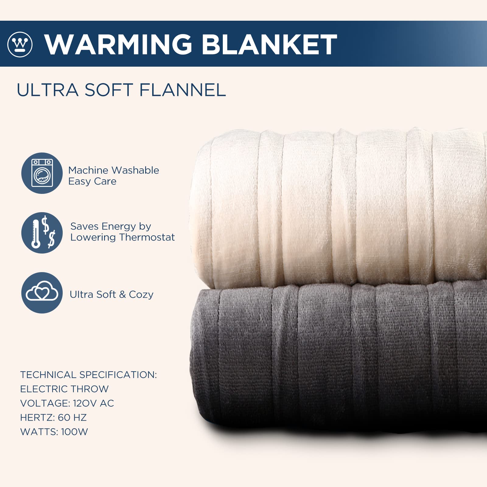 Westinghouse blanket with long cord length for flexible placement.