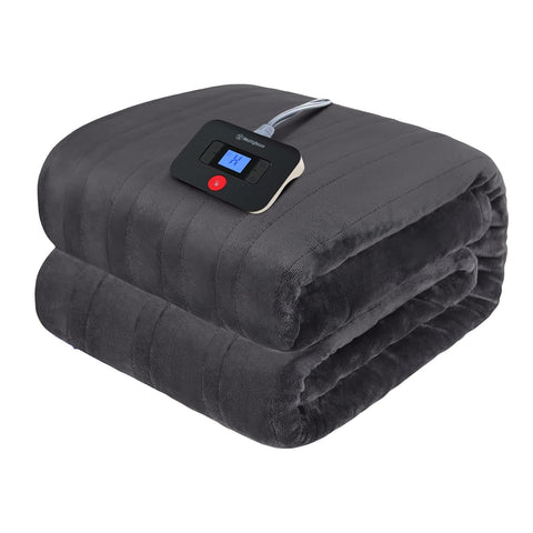 Westinghouse electric blanket twin on bed in charcoal delivers cozy warmth for chilly nights.