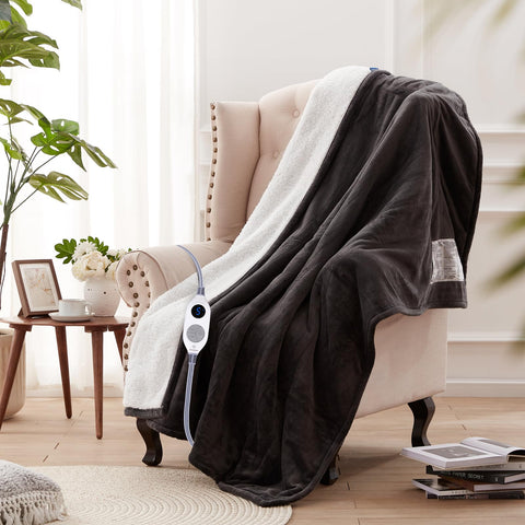 Westinghouse heated throw on couch shows six-level heating for personalized comfort.