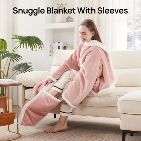 Westinghouse Snuggle Throw wearable design worn as a robe for lounging.