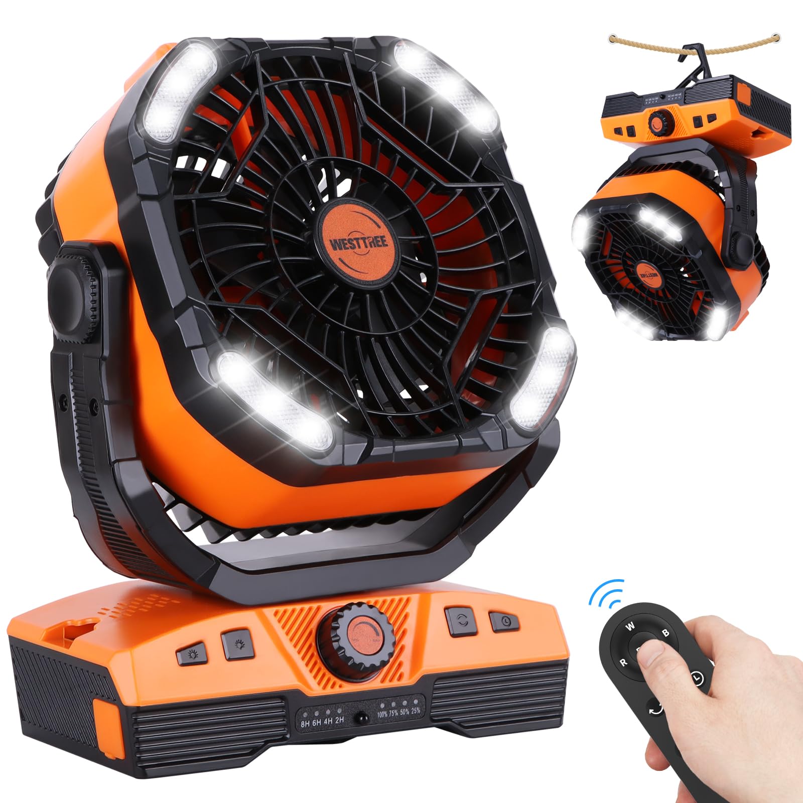 WESTTREE 20000mAh camping fan in tent setup for extended outdoor breeze.