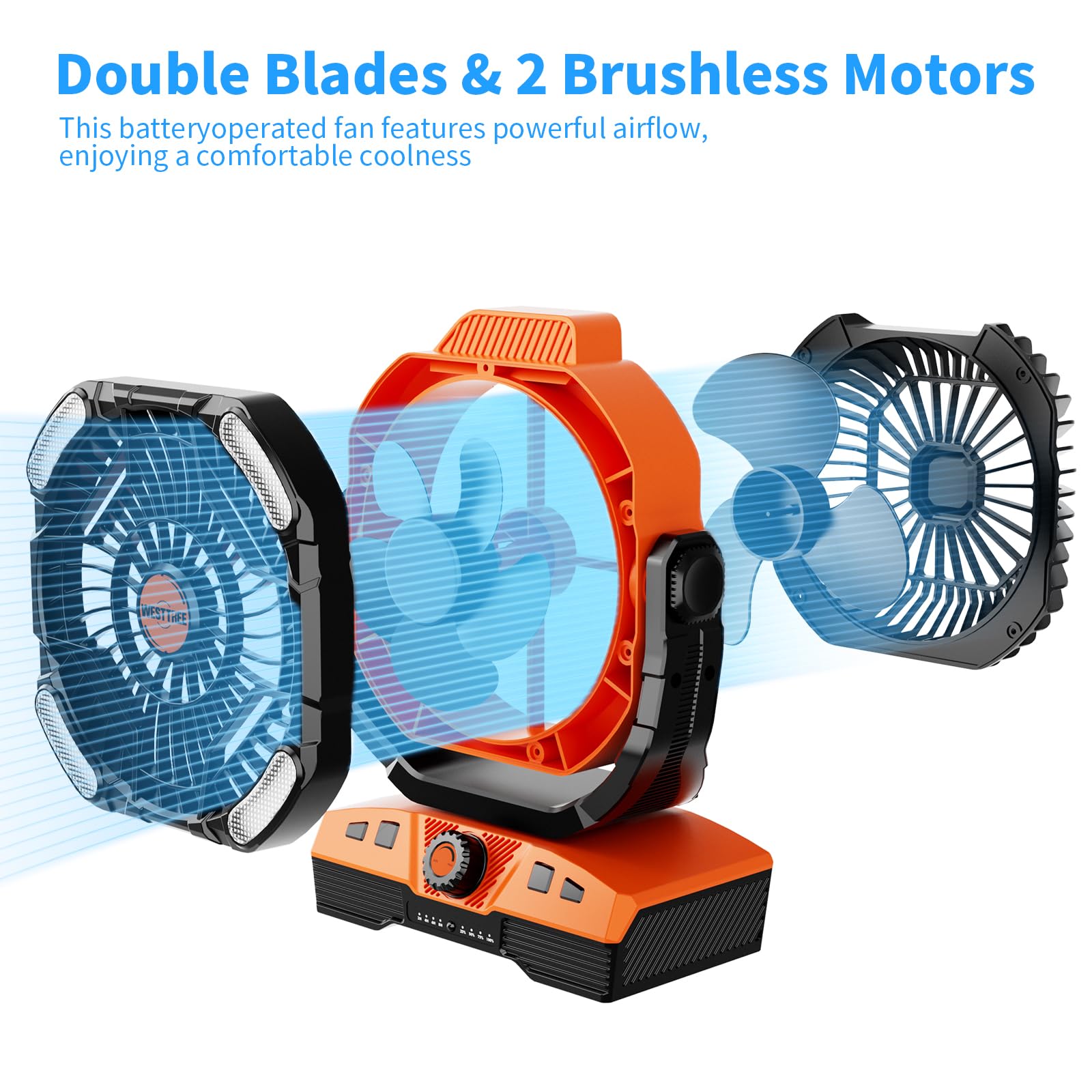 WESTTREE camping fan with 270° head rotation delivers flexible airflow at campsite.