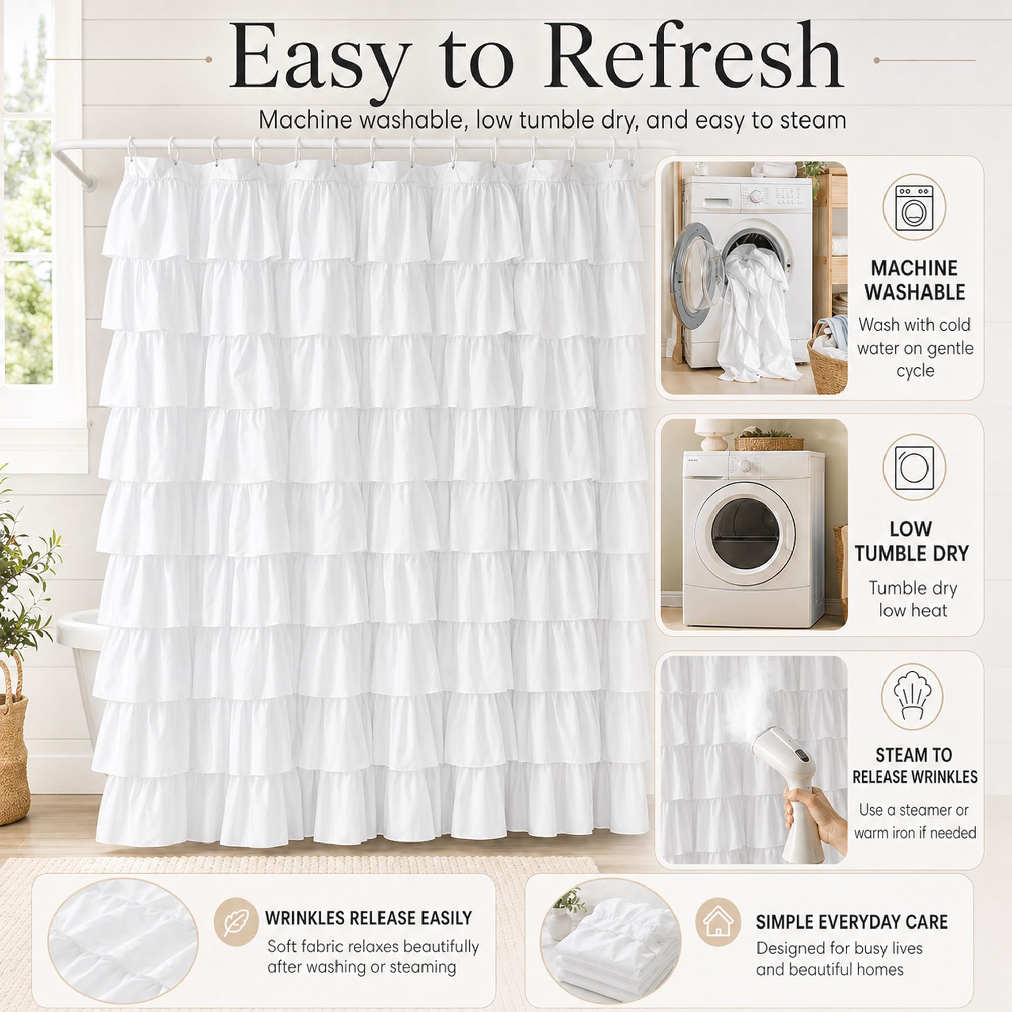 WestWeir closeup shows textured fabric and ruffles for durable elegance.