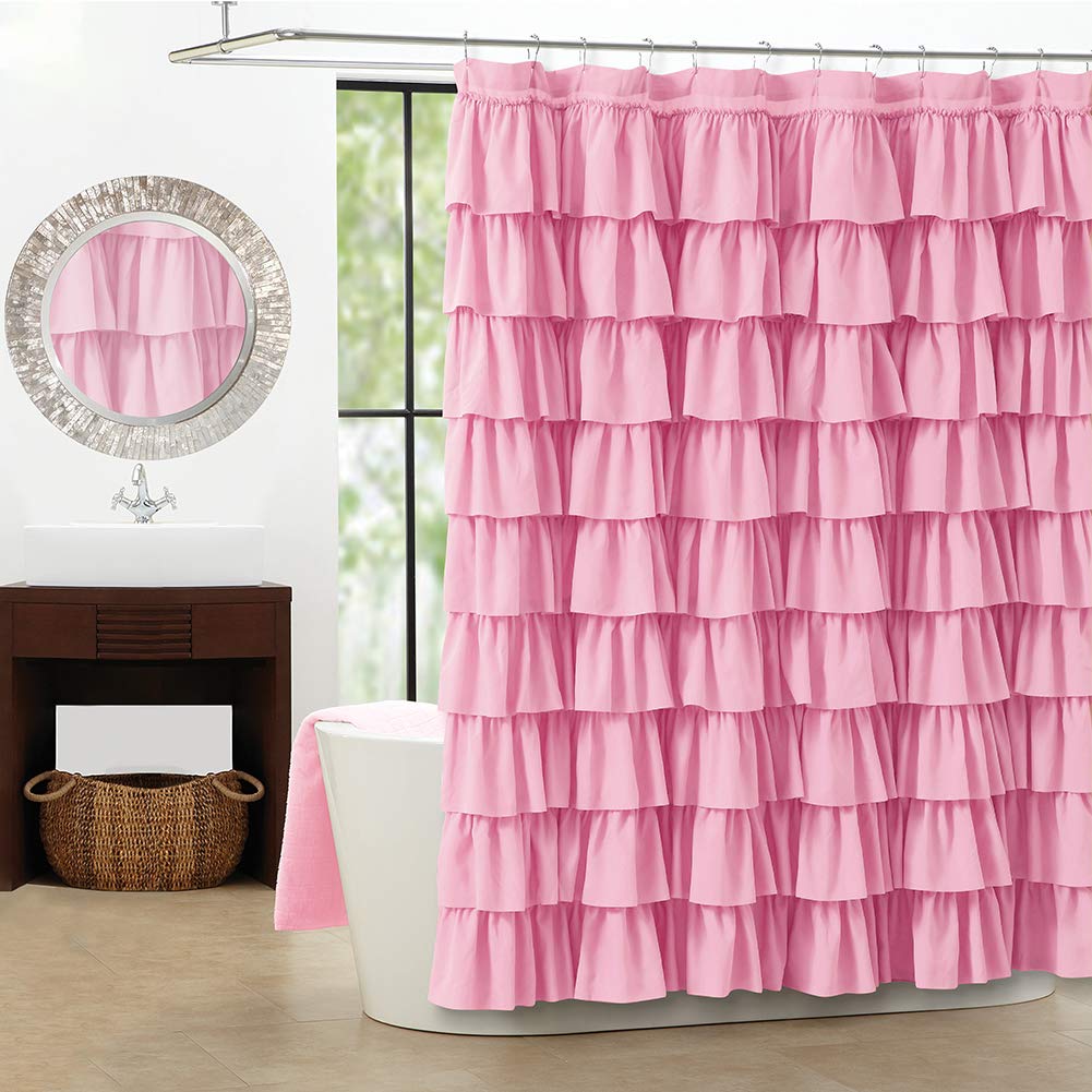 WestWeir Pink Ruffle Shower Curtain full view adds romantic cottage chic style.