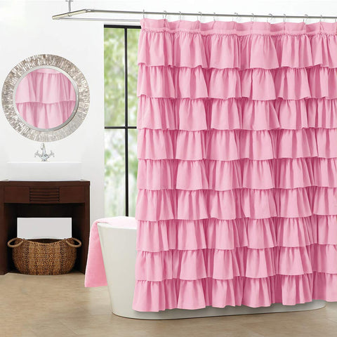 WestWeir Pink Ruffle Shower Curtain full view adds romantic cottage chic style.