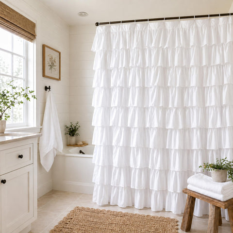 WestWeir white ruffle shower curtain with 72x72 inches to refresh your bathroom style.